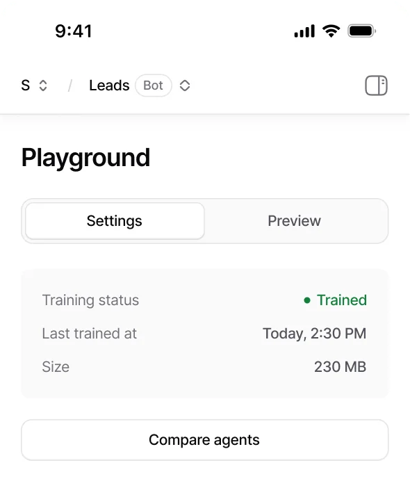 Chatbase's Playground showing training status and a Preview tab, as taken from Chatbase