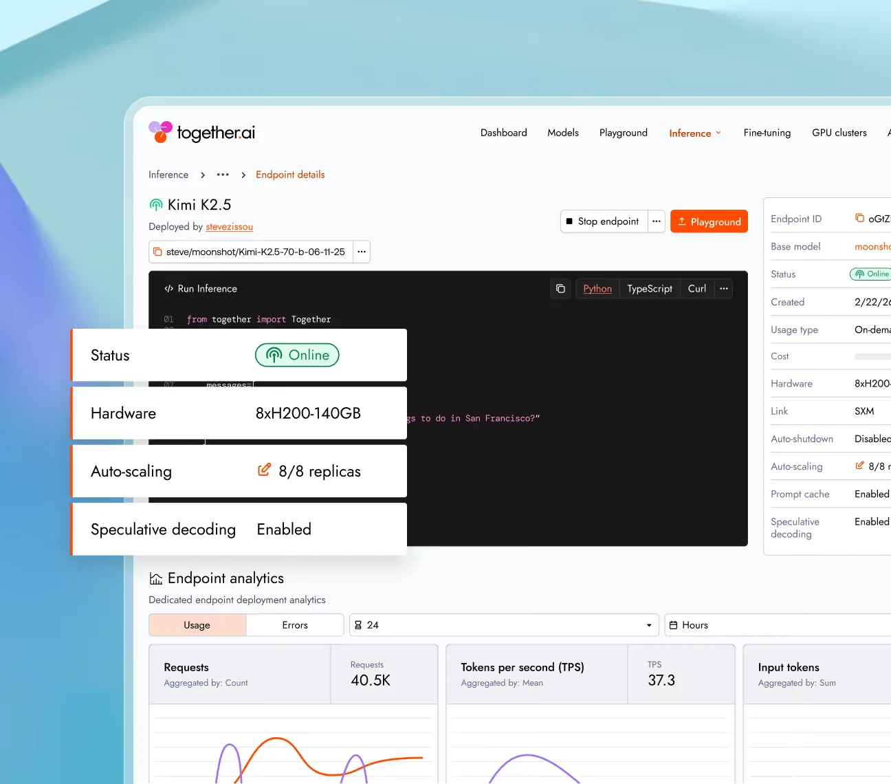 Panel de control de endpoint dedicado de Together AI para Kimi K2.5 mostrando estado online, hardware 8xH200 140GB, autoescalado en 8 de 8 réplicas, speculative decoding habilitado y analíticas de endpoint en vivo para solicitudes y TPS, tomado de Together AI