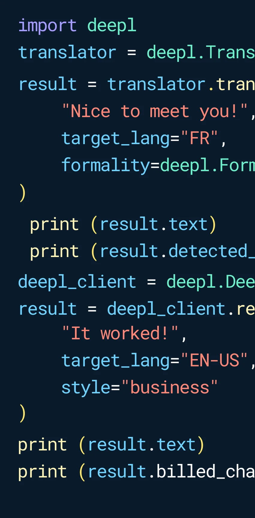 Exemple de code API DeepL montrant une intégration Python