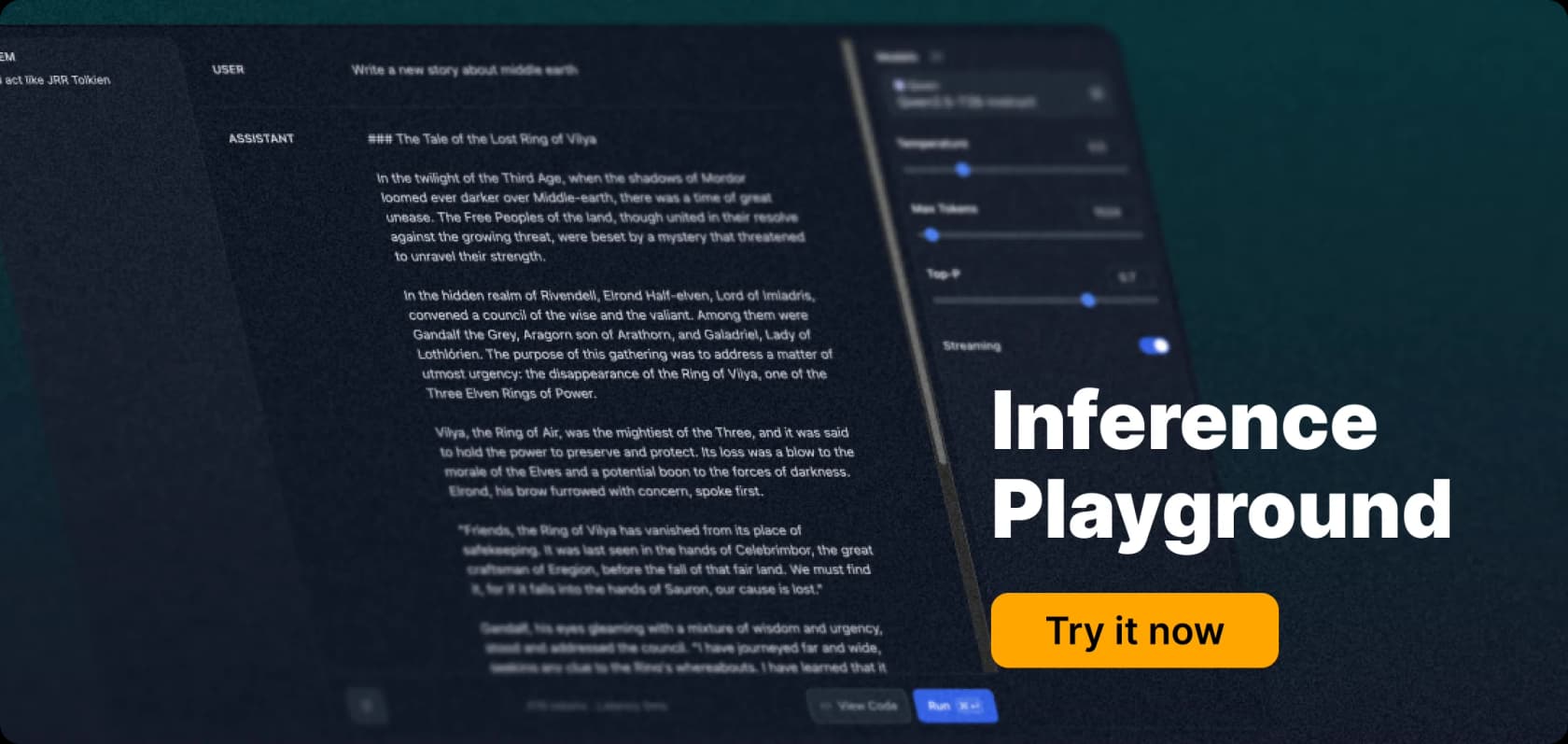 Captura de tela do Hugging Face Inference Playground mostrando uma interface de chat escura com um prompt de escrita criativa e um botão 'Experimentar agora'