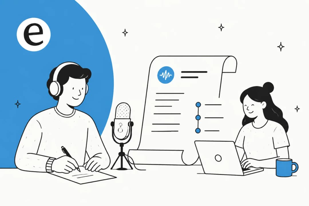 Illustration of a podcast microphone alongside a script document and outline, representing an AI podcast script generator