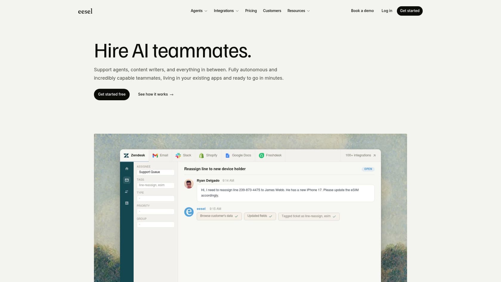 La página de inicio de eesel.ai mostrando el titular "Hire AI teammates"