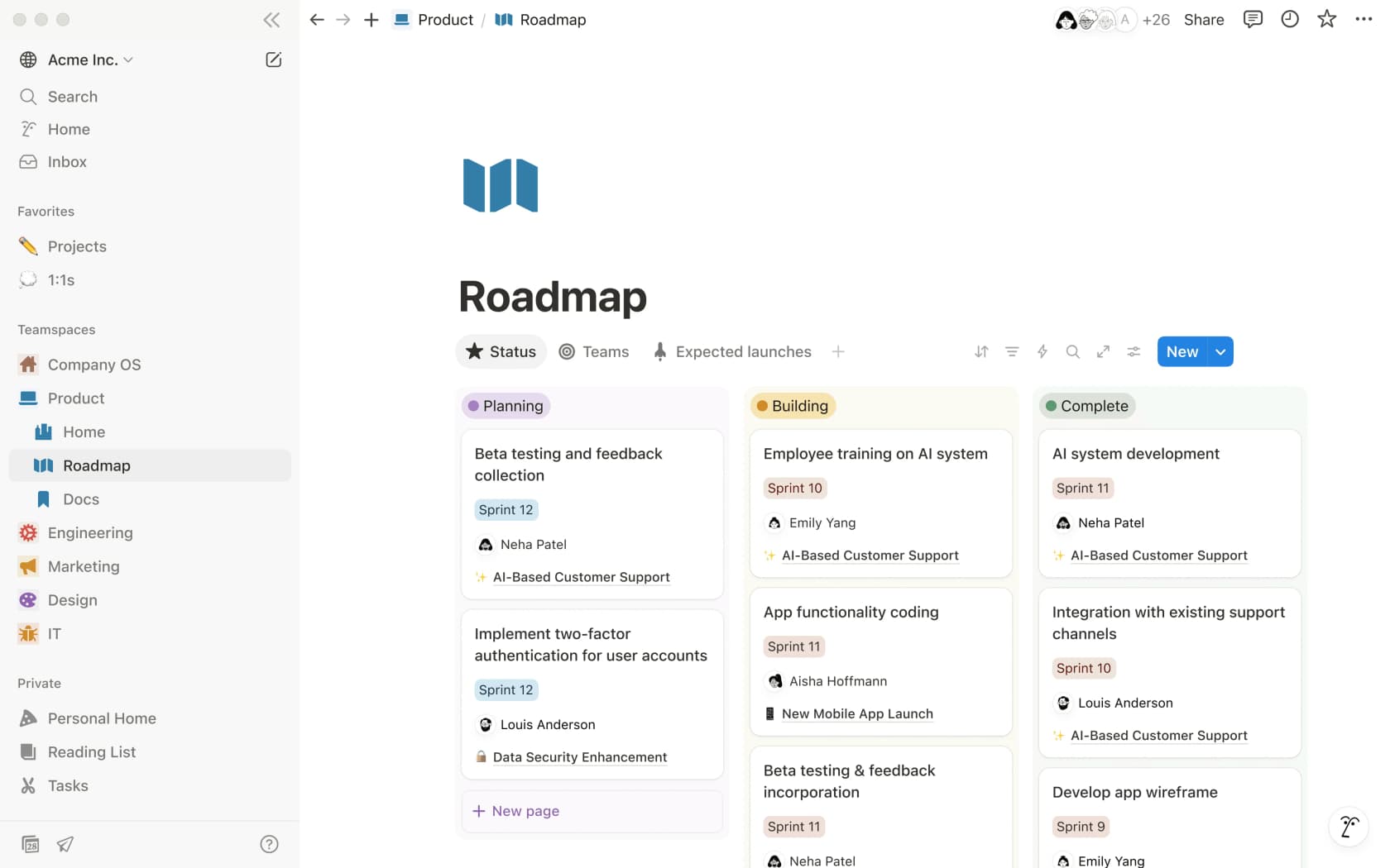 Uma wiki da empresa Acme Inc no Notion mostrando a estrutura hierárquica das páginas e a barra lateral de navegação