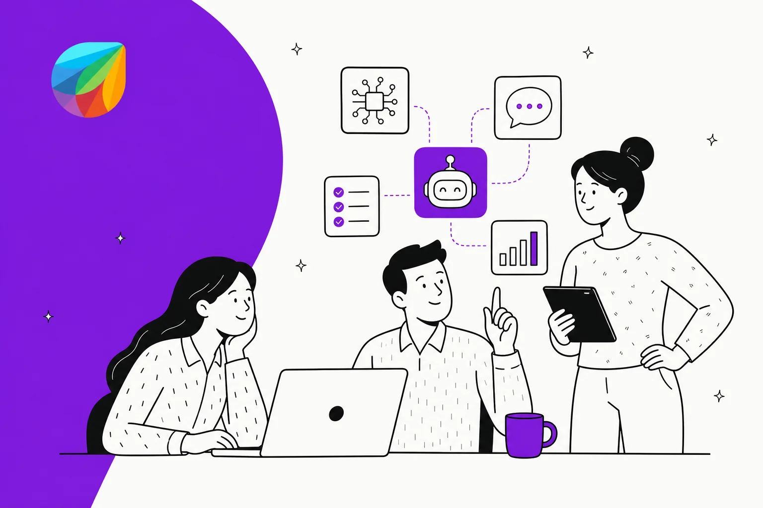 Illustration eines IT-Teams, das KI-Tools zu seinem Freshservice-Servicedesk hinzufügt