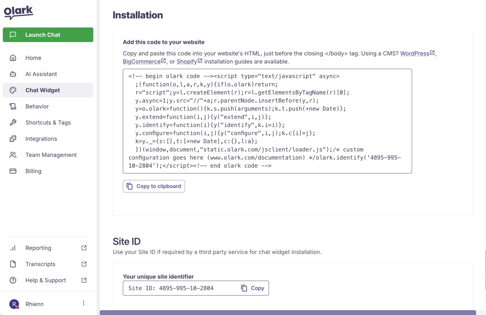 Les paramètres d'installation du widget de chat d'Olark montrant l'extrait d'intégration et l'ID de site unique, extraits de Olark