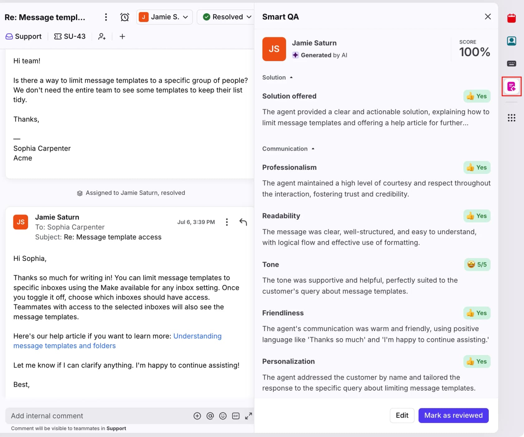 A Front conversation with the Smart QA panel scoring the reply on solution, tone, and readability, as taken from Front