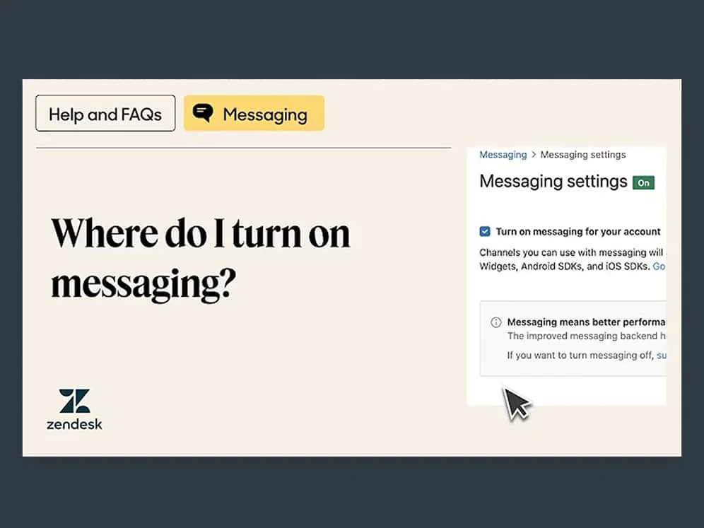 Zendesk help page explaining how to turn on messaging in Admin Center settings, as taken from Zendesk