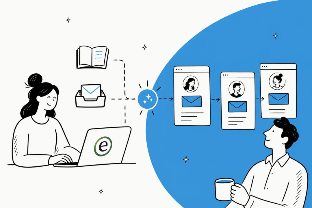 Illustration of a welcome email sequence being drafted from a product help center and support inbox