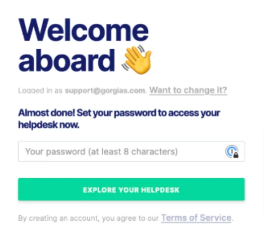 The Gorgias account setup screen after install