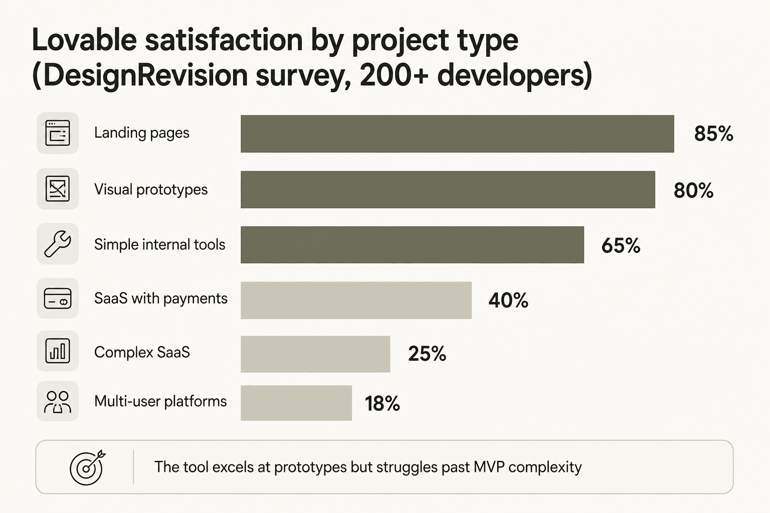 Lovable-Zufriedenheit nach Projekttyp: Landingpages 85%, visuelle Prototypen 80%, einfache interne Tools 65%, SaaS mit Zahlungen 40%, komplexes SaaS 25%, Multi-User-Plattformen 18%