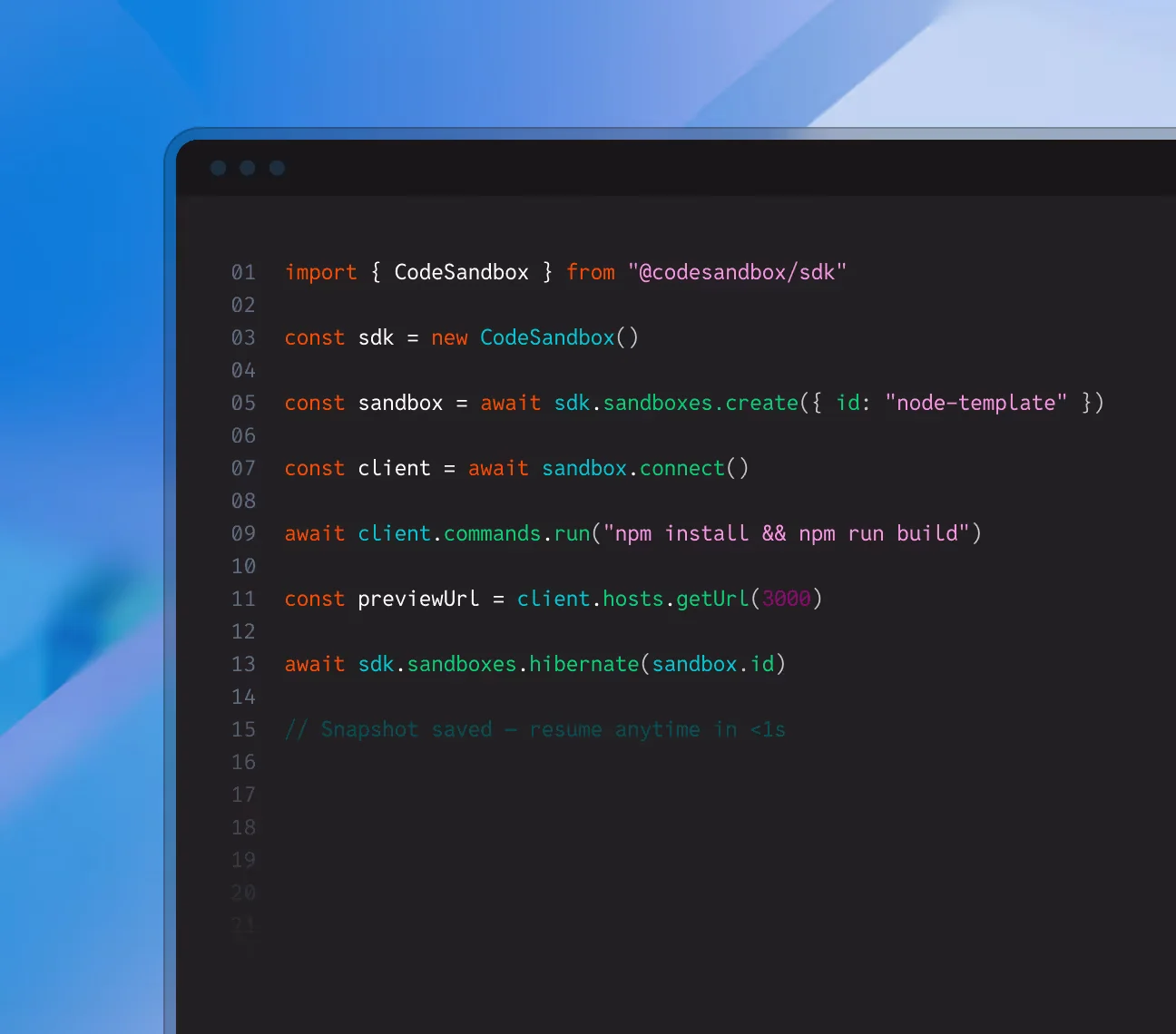 Ejemplo del SDK de Code Sandbox de Together AI que muestra la creación de un sandbox de plantilla de nodo, su conexión, la ejecución de npm install y npm run build, su servicio en una URL de vista previa y luego su hibernación para reanudarlo más tarde, tomado de Together AI