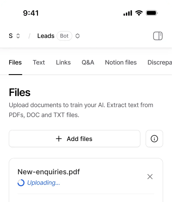 Chatbase data sources panel, uploading a PDF to train the agent, as shown on Chatbase's own product tour