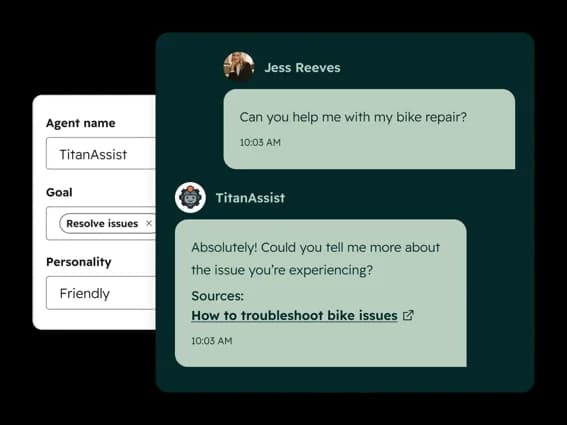 The Breeze Customer Agent config (name, goal, personality) alongside a chat answer that cites a knowledge base article, from HubSpot