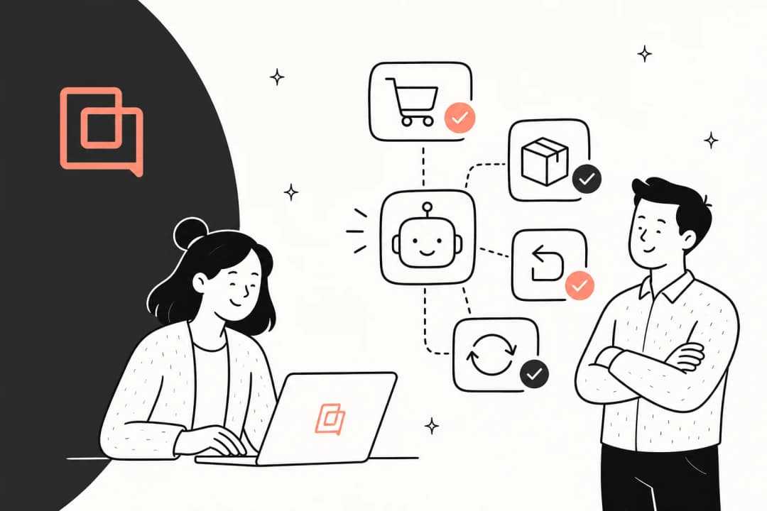 Illustration of a Gorgias AI Agent taking order, return and subscription actions for a support team
