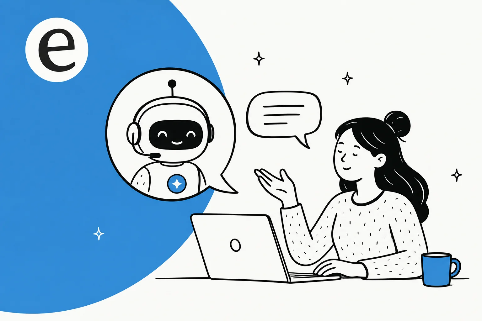 Help desk chatbot illustration in eesel blue