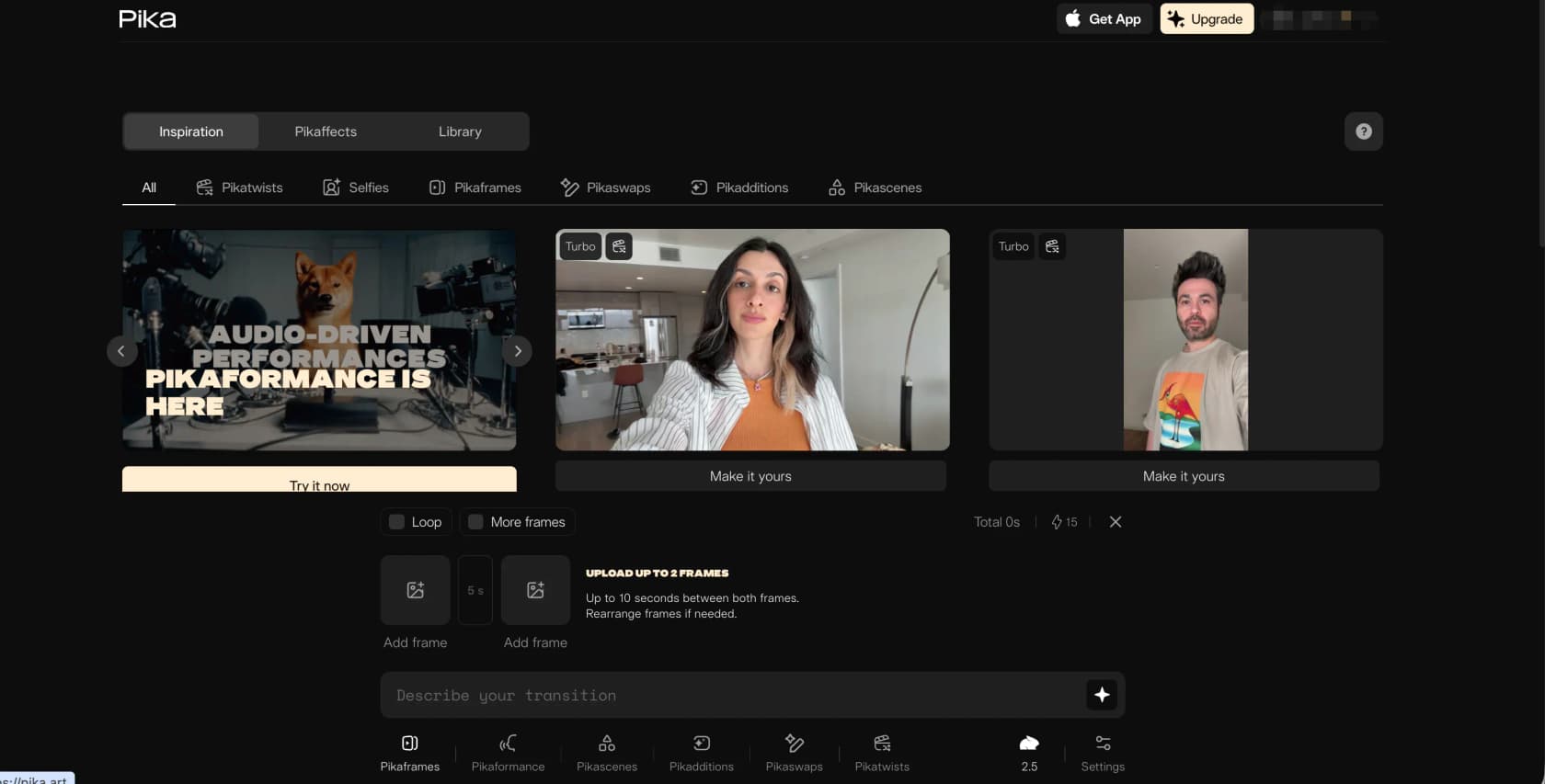 Pika AI Haupt-Dashboard mit der Erstellungsoberfläche und Feature-Tabs