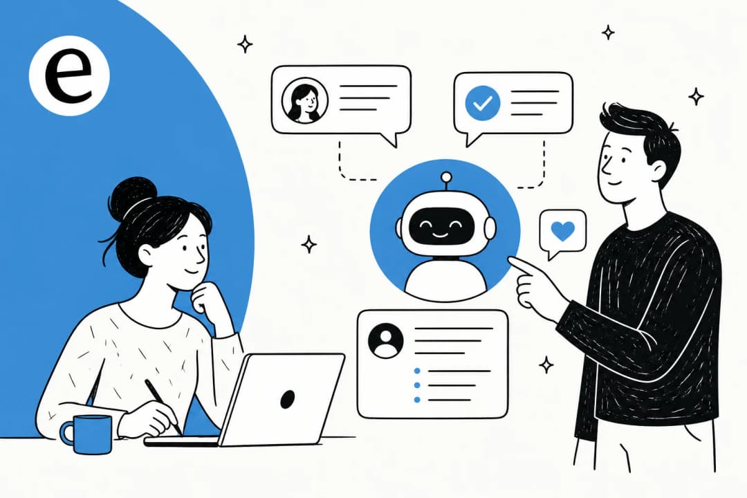 Illustration of a customer support chatbot being designed, in eesel blue