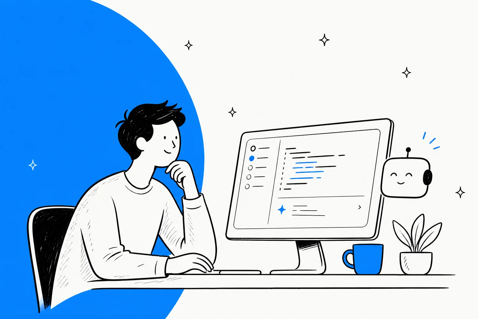 Editorial illustration of a developer at a desktop with a coding agent, representing a ZCode review