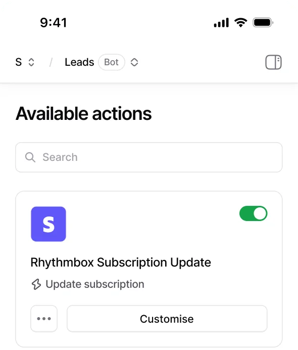 Chatbase available-actions screen with a subscription-update action toggled on, as taken from Chatbase