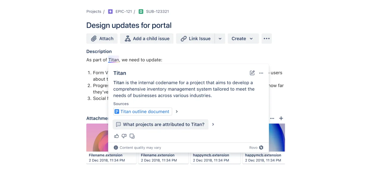 A Rovo Definitions popup explaining an internal project codename - the AI pulls the definition from your own Confluence content, as taken from Atlassian Support