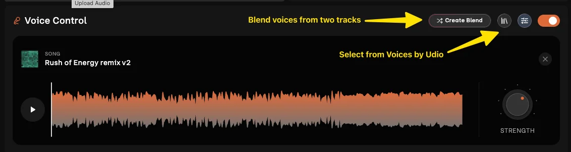 Udios Voice Control-Panel – Wellenformdarstellung, „Create Blend"-Schaltfläche und Stimmenauswahl, verfügbar in Standard- und Pro-Plänen