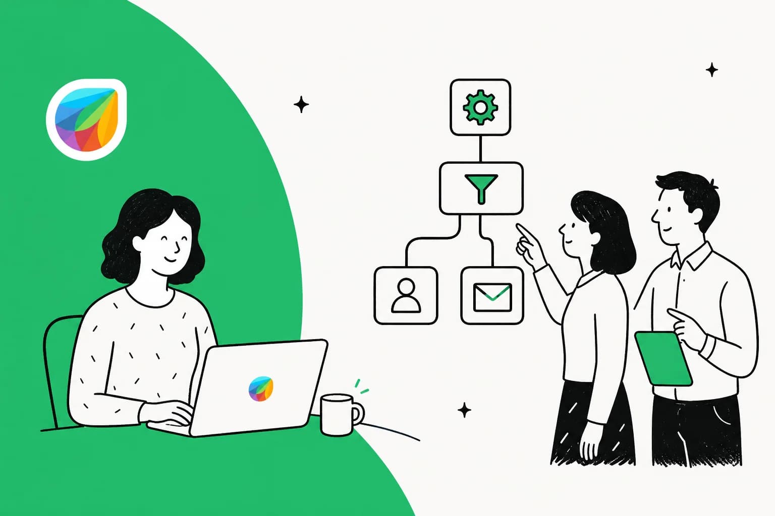 Illustration of Freshdesk automation rules routing tickets to agents and an AI assistant