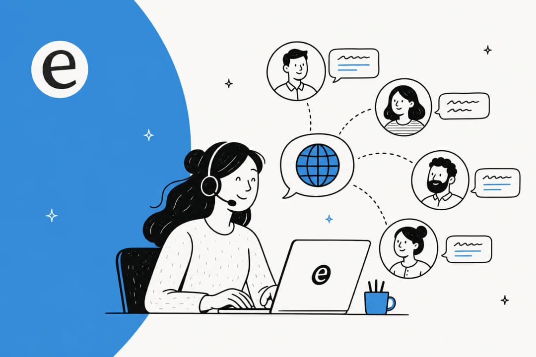 Line illustration of a support agent talking to people in different languages through a globe speech bubble