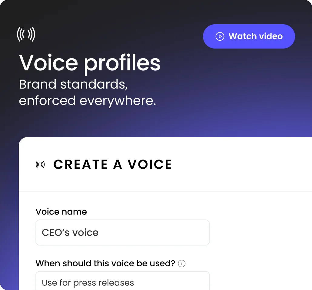 Writer's voice profiles feature, with a form to create a brand voice for press releases, as taken from Writer