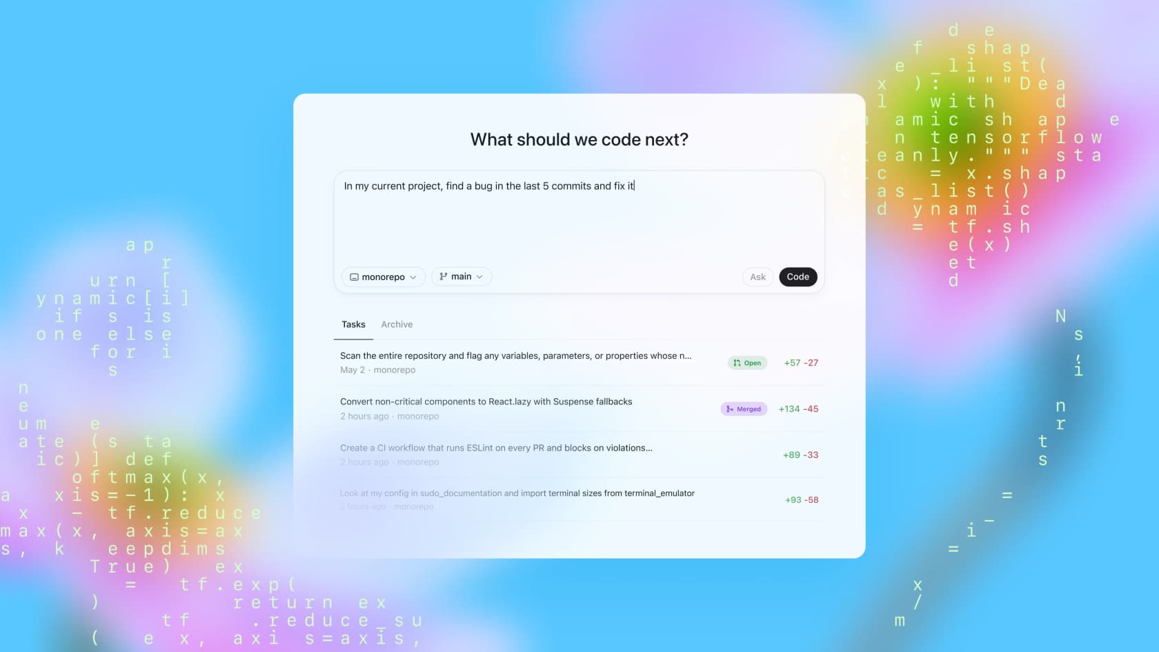 OpenAI Codex web dashboard asking "What should we code next?" with a prompt box, repo and branch selectors, and a task list, as shown on OpenAI's Codex site