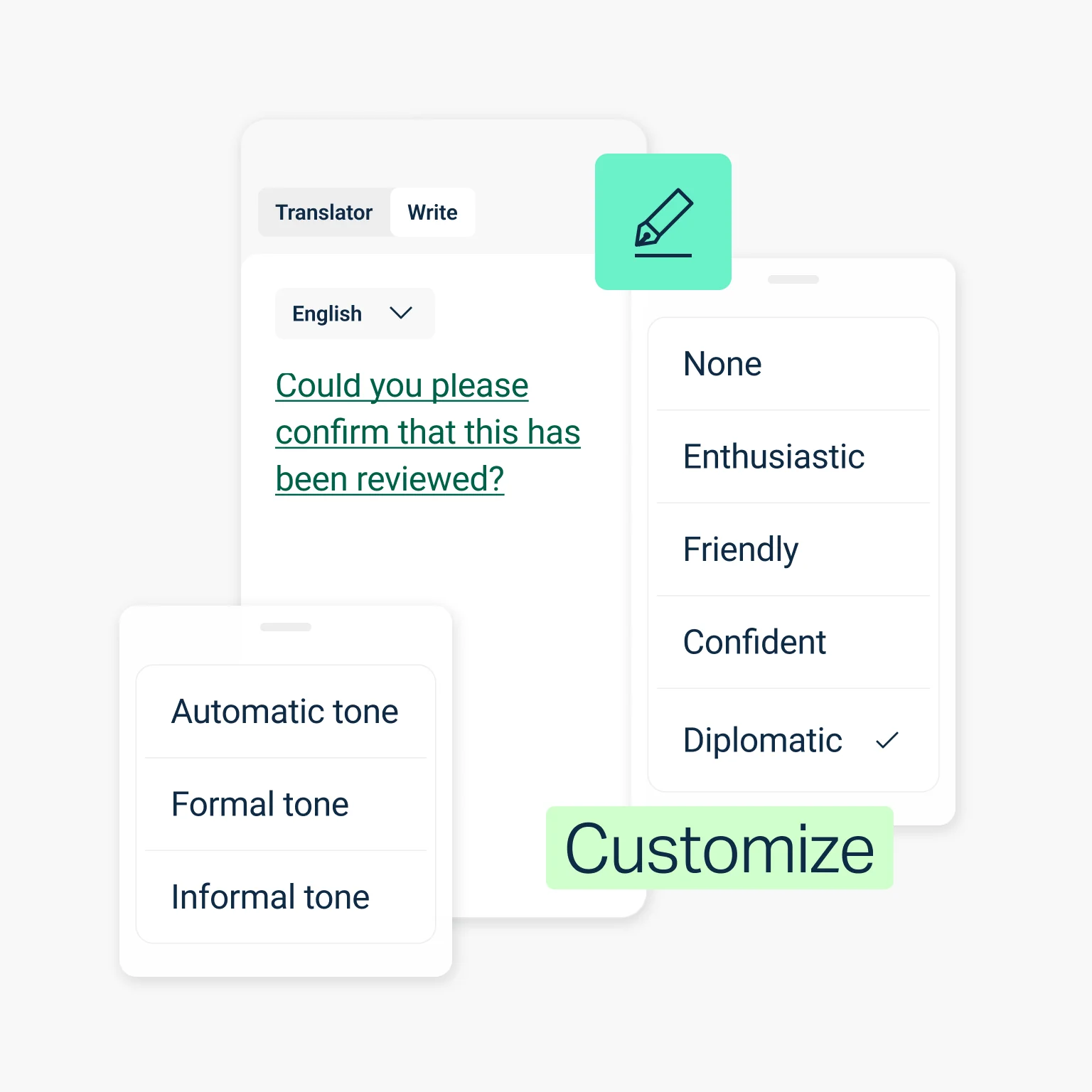 Options de ton et de style DeepL Write, incluant les registres Automatique, Formel et Informel ainsi que des choix de style d'écriture