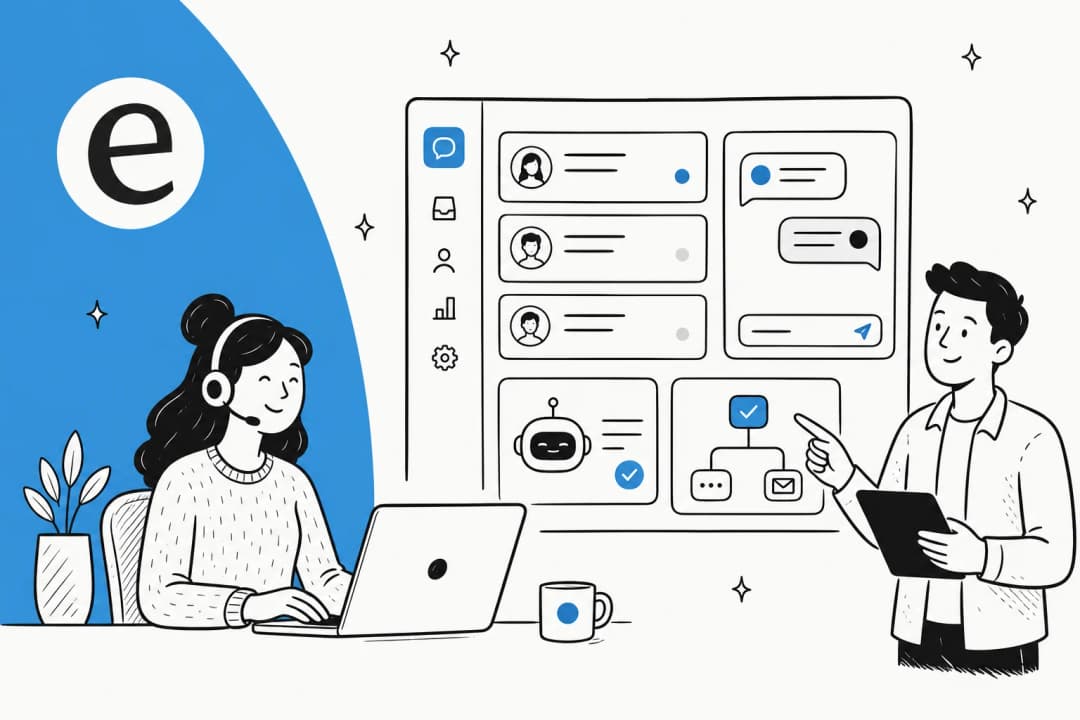 Illustration of a customer service system dashboard with tickets, chat, and AI automation