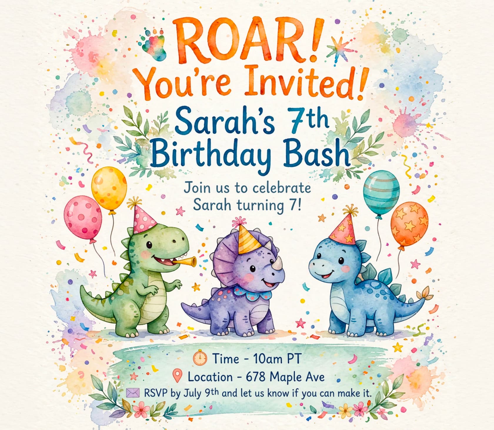 A colorful watercolor birthday invitation reading Roar! You're Invited! Sarah's 7th Birthday Bash, with clean legible party details for time, location, and RSVP