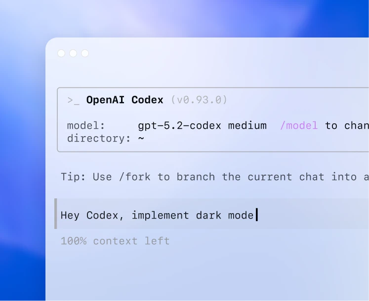 OpenAI Codex CLI in a terminal showing version v0.93.0, the model set to gpt-5.2-codex, and the prompt "Hey Codex, implement dark mode", from OpenAI's Codex documentation