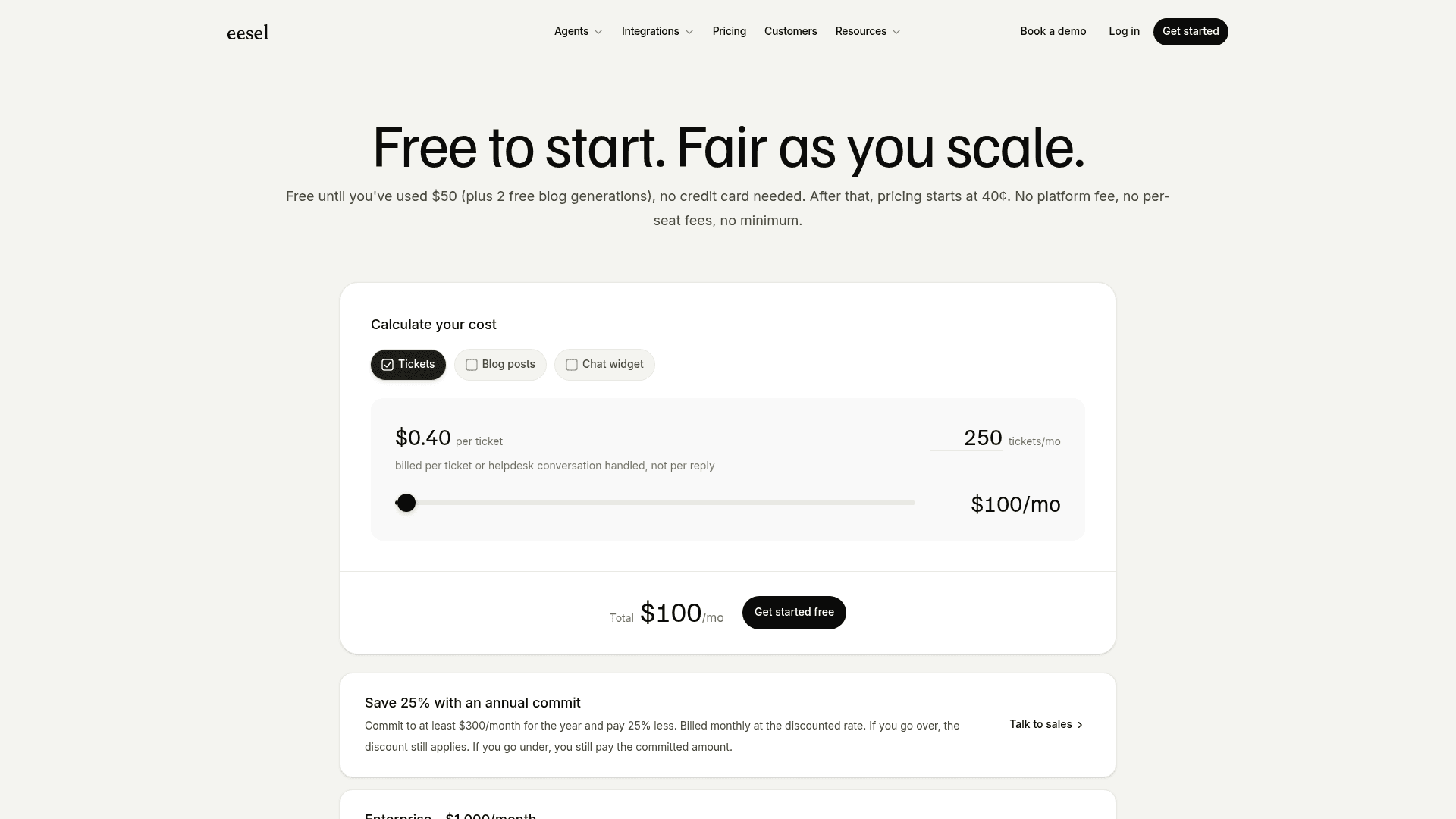 The eesel AI pricing page showing transparent usage-based pricing at 40¢ per ticket with no platform or per-seat fees, a clear contrast to the opaque Snorkel AI pricing model, as taken from eesel AI