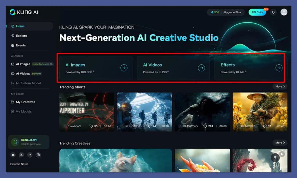 Kling AI Homepage, die das Interface zur Videogenerierung zeigt, wie auf Kling AI zu sehen
