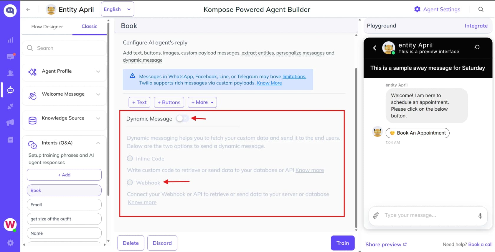 The Kommunicate Kompose agent builder, showing a welcome-message setup with a live chatbot preview