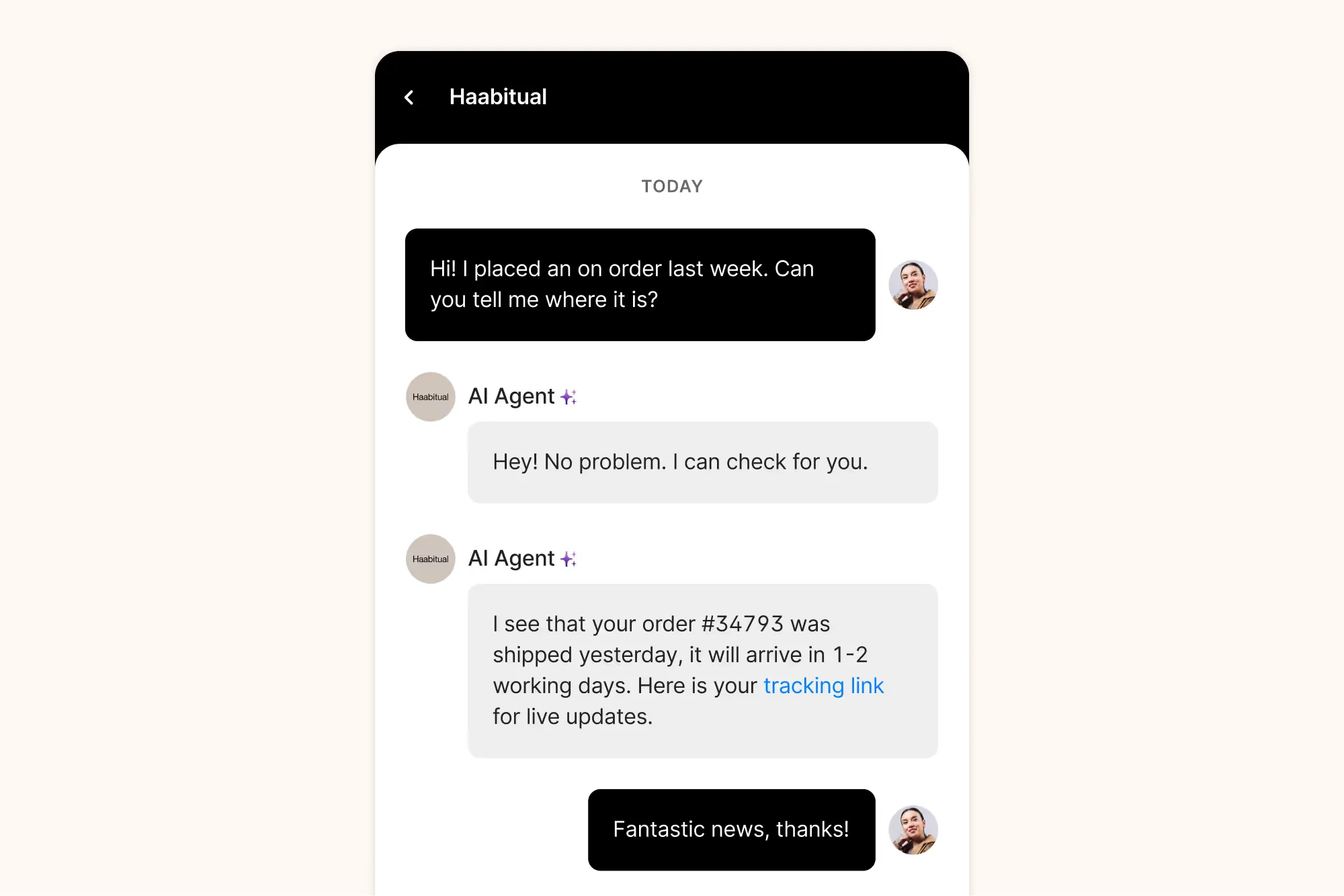 The Gorgias AI Agent resolving a where-is-my-order question with order number and tracking link in the widget, as taken from Gorgias