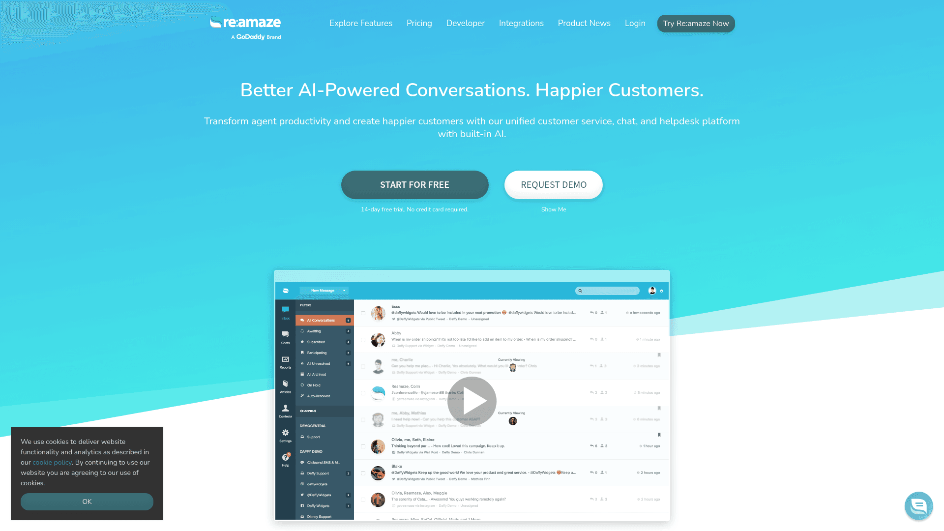 Re:amaze-Homepage - "Better AI-Powered Conversations. Happier Customers." - mit dem vereinheitlichten Multi-Channel-Support-Posteingang, via Re:amaze