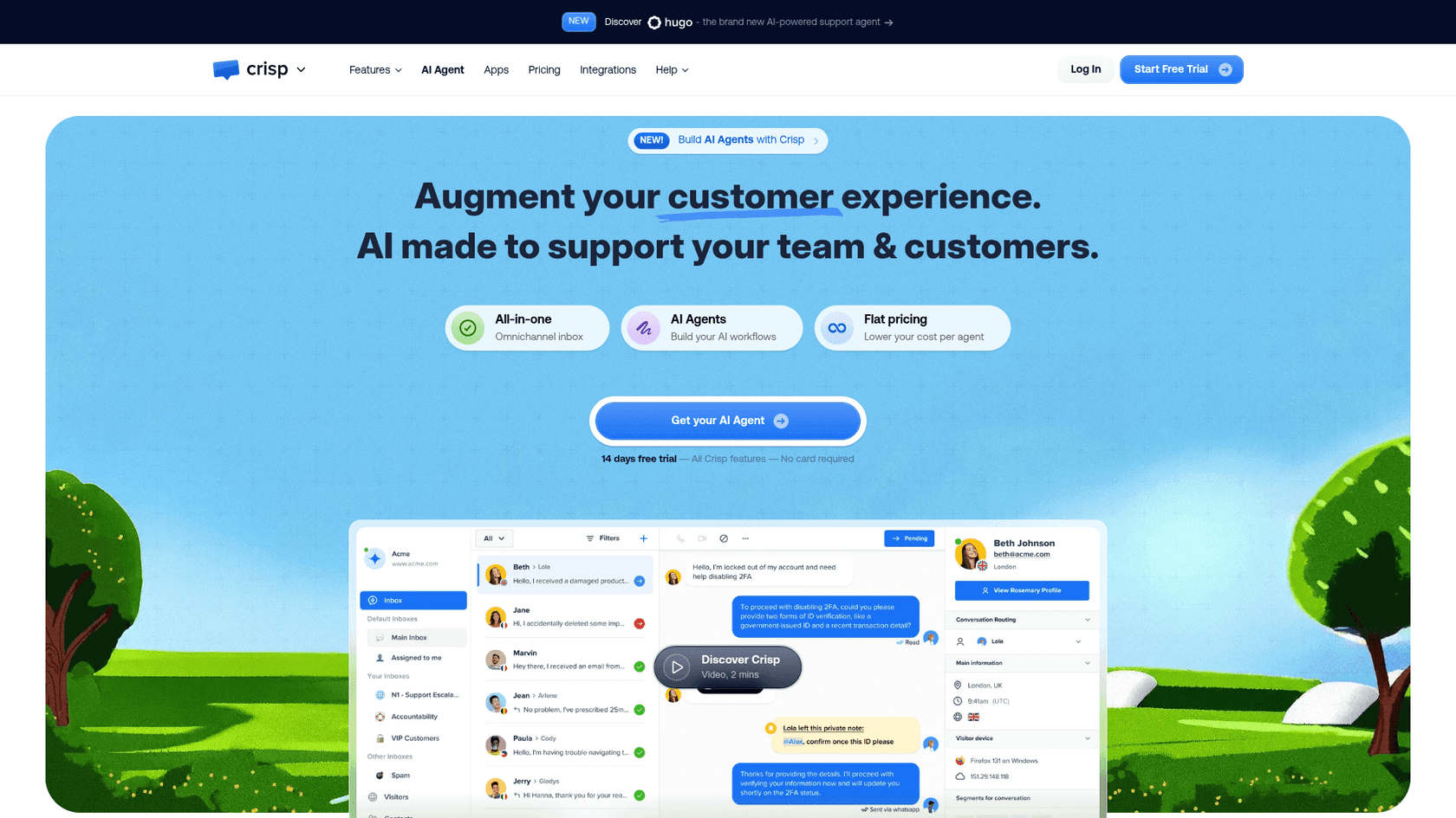 A screenshot of the Crisp homepage, as taken from Crisp.