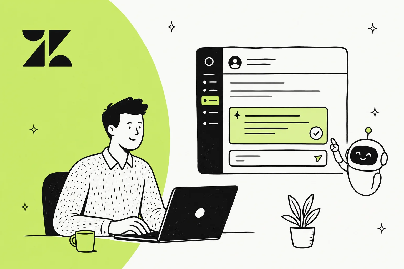 Hero banner showing a Zendesk agent inbox with an AI-drafted reply suggestion ready for review