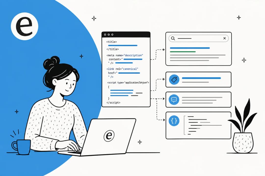 Illustration of SEO metadata: a page head with title, meta description, and structured data feeding a search result