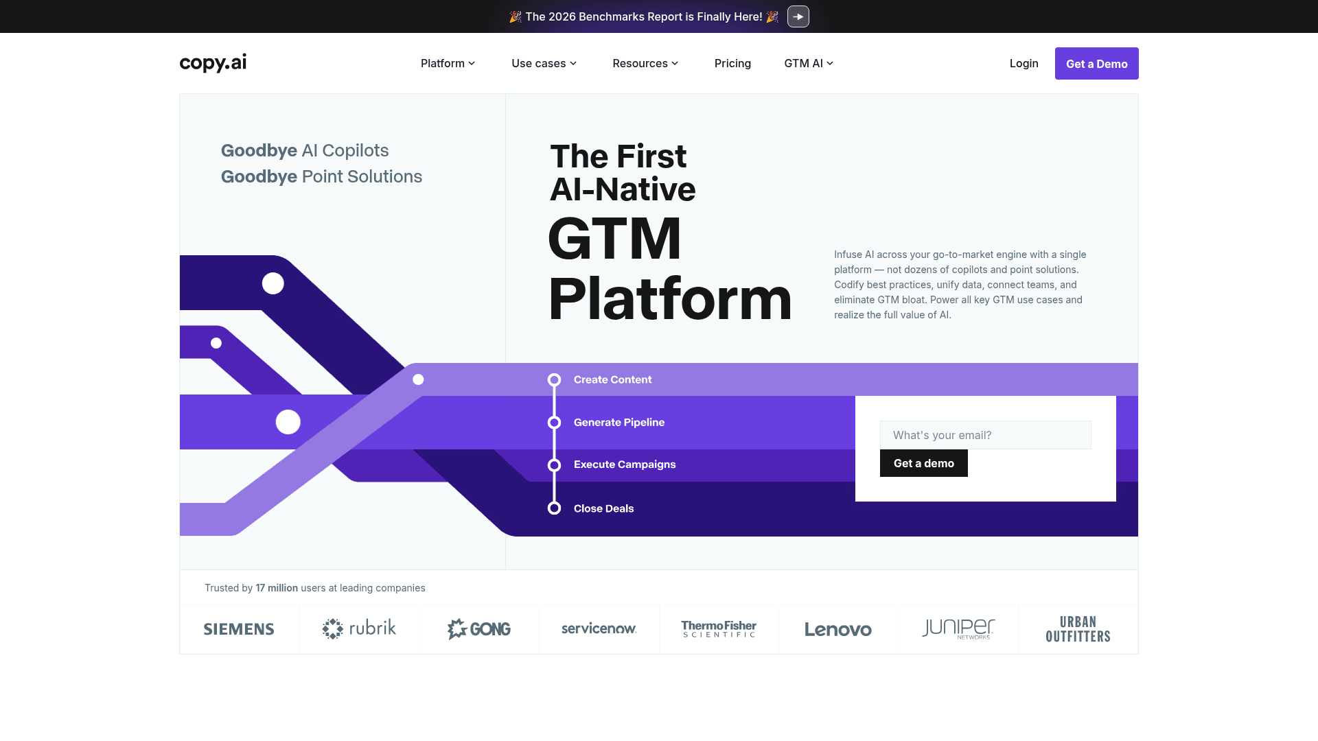 Página de inicio de Copy.ai mostrando su posicionamiento como Plataforma GTM nativa de IA, tal como se ve en Copy.ai