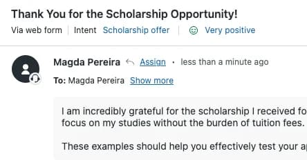 Ticket header showing the topic "Scholarship offer" and a "Very positive" sentiment chip on a new ticket, as taken from Zendesk docs