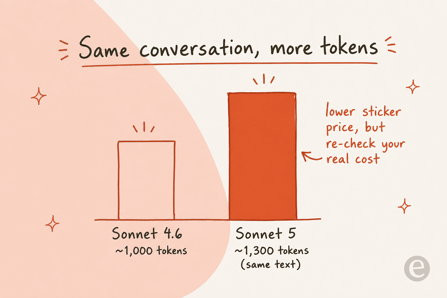 A bar comparison showing Claude Sonnet 5 counts about 30% more tokens than Sonnet 4.6 for the same conversation