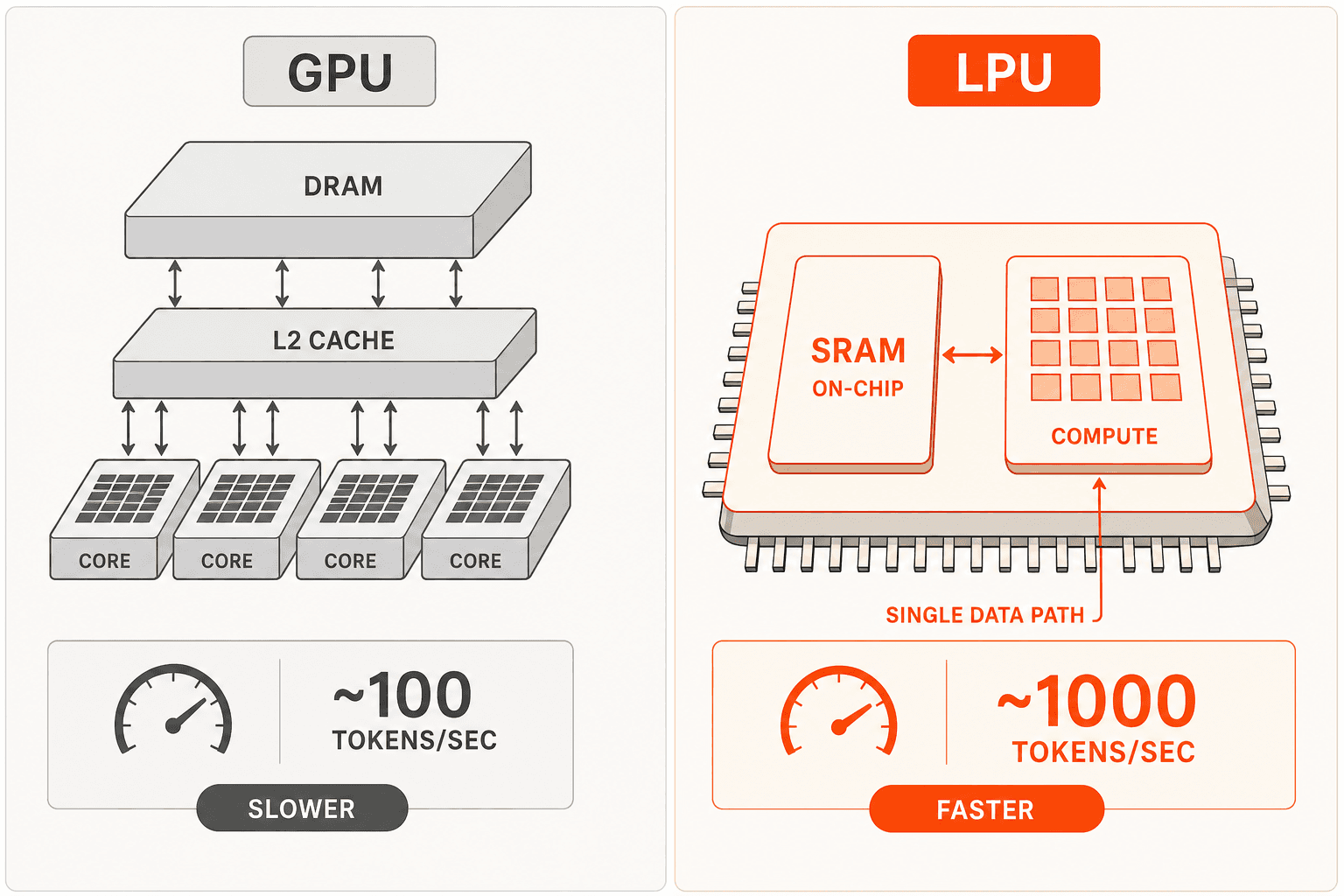 Arquitetura LPU vs GPU - a SRAM on-chip elimina o gargalo de memória que limita o throughput de inferência em GPU