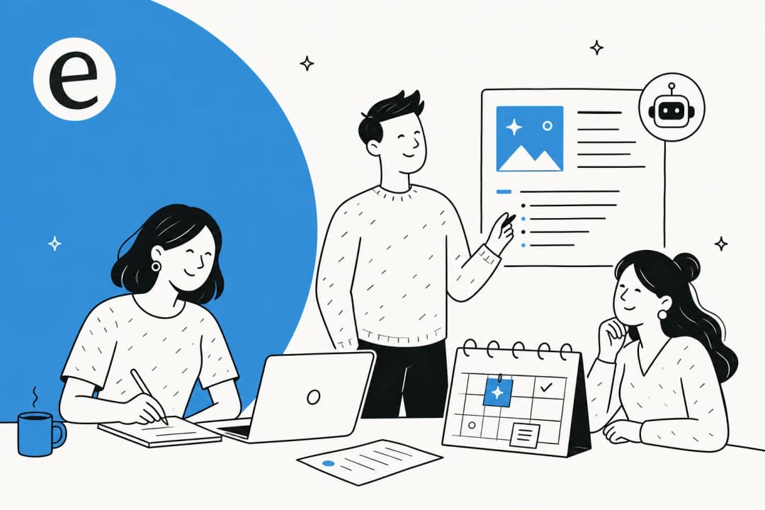 Ilustración principal de un espacio de trabajo de contenido SaaS con un calendario editorial, esquema de borrador y superficie de escritura asistida por IA