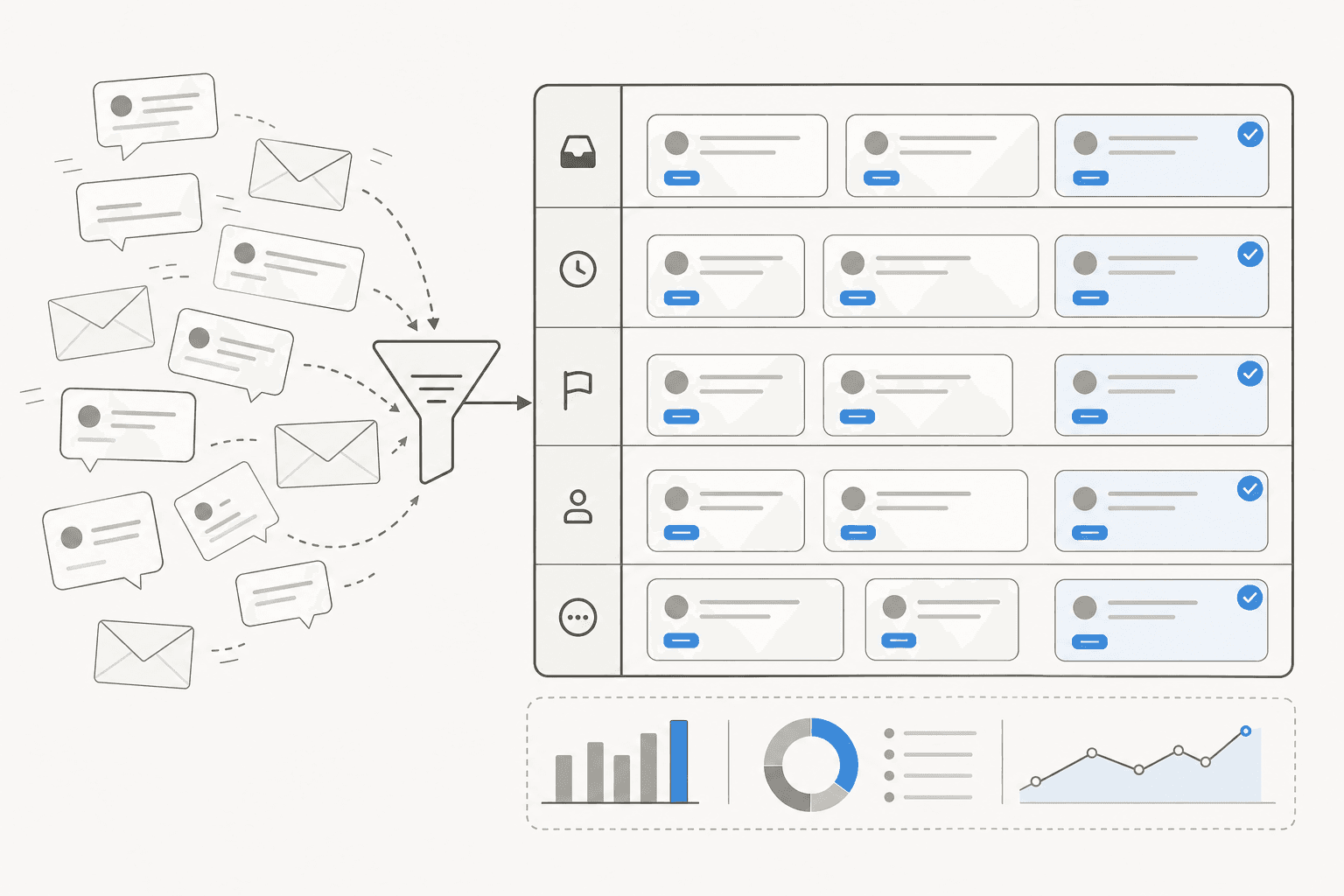 Illustration of incoming customer messages funneling into organized, labeled ticket lanes