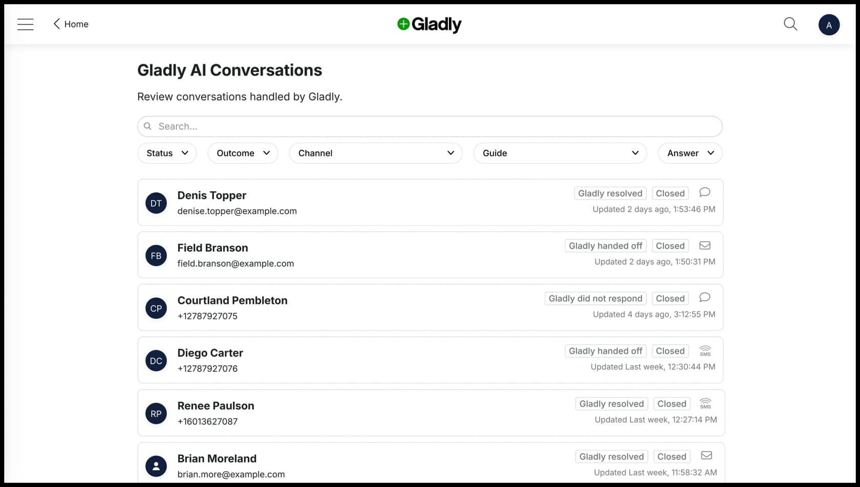 The Gladly AI Conversations view, showing how Sidekick resolved or handed off each customer, as taken from Gladly