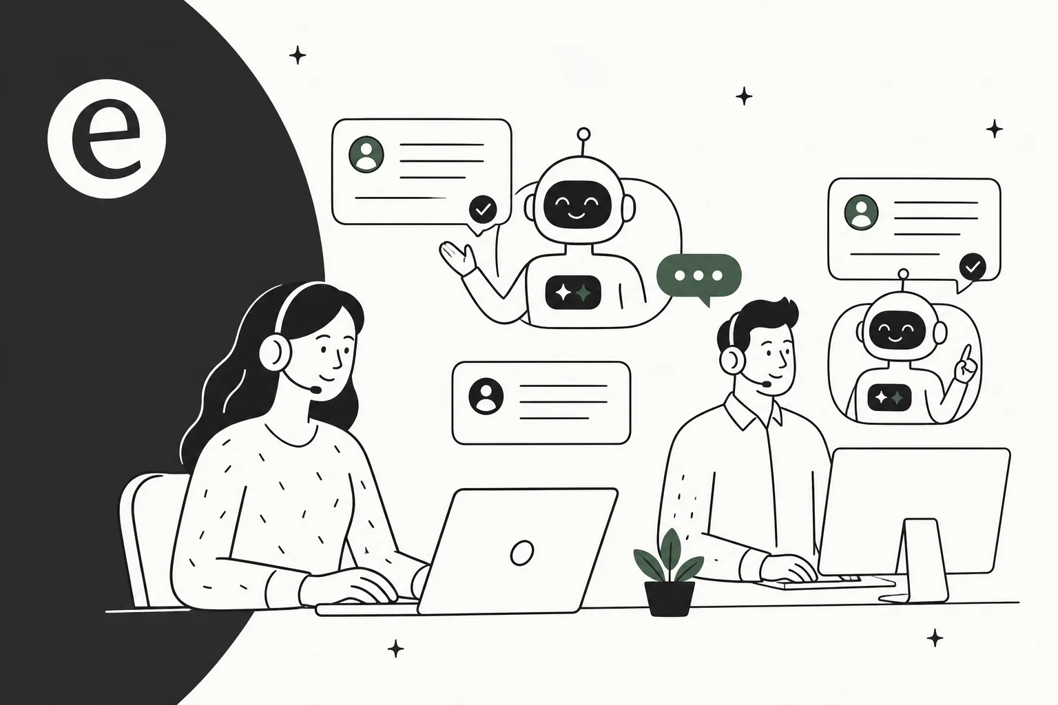 サポート担当者がAIアシスタントと並んでチケットやチャットを処理する様子のイラスト
