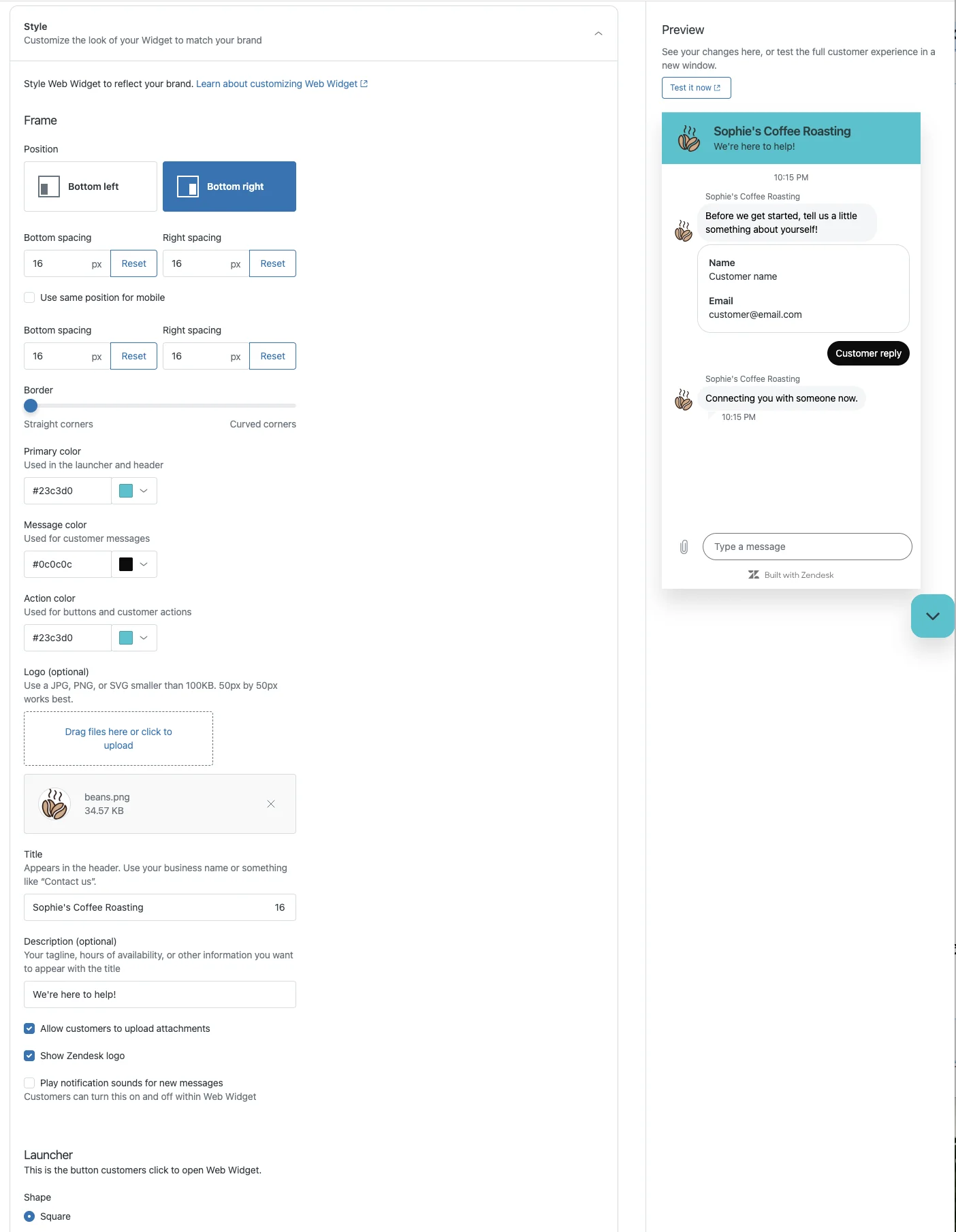 Style tab in Zendesk Messaging showing frame, color, and launcher settings with a live preview pane, as taken from Zendesk